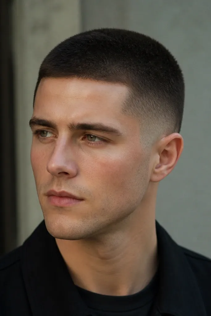 A longer buzz at about 2.5 guard across the top, with sides faded down to shorter hair near the edges. Sideburns are cleaned and blended so the face looks framed but still relaxed.