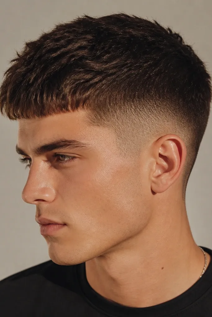 Sides fade down close to 0.5 but not fully to skin, with a smooth mid-fade that blends into a 1.5 top. The hair looks dense and uniform, and the sides don't show scalp.