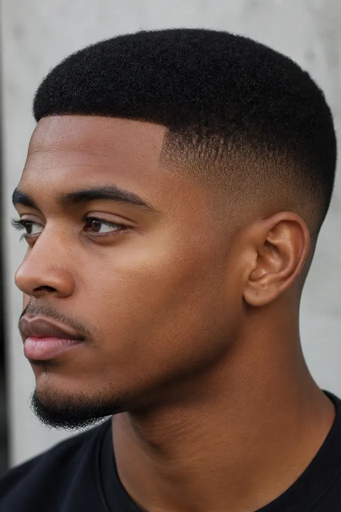 A higher fade starts up the sides, blending tightly into a 2 guard top. The ears are cleaned closely with the fade wrapping neatly around them, and the top looks flat and even.
