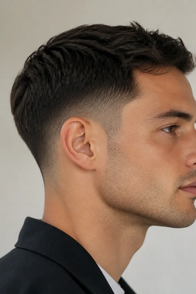 A low fade starts near the bottom sides, blending into a 1.5 top. The back looks rounded rather than squared, with the transition smooth and easy.