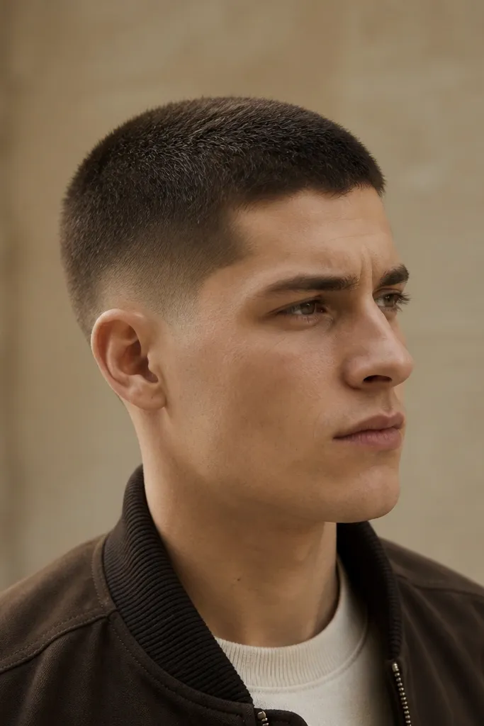 Top buzzed at about 1 guard, with extra-short temple fade around the sideburn area. The temples are clean and slightly tapered, and the sides blend smoothly without showing harsh lines.