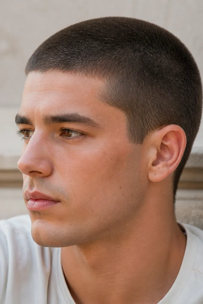 A uniform buzz at about 2 guard length all over with no visible fade. The edges are cleaned and the hair looks dense and consistent across the top, sides, and back.