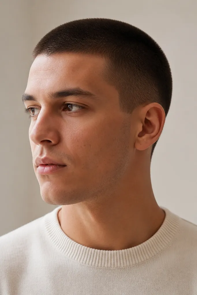 A slightly longer buzz around 3 guard on the top and sides, with rounded shaping. The neckline is short and tidy, and the overall look is soft but clean.