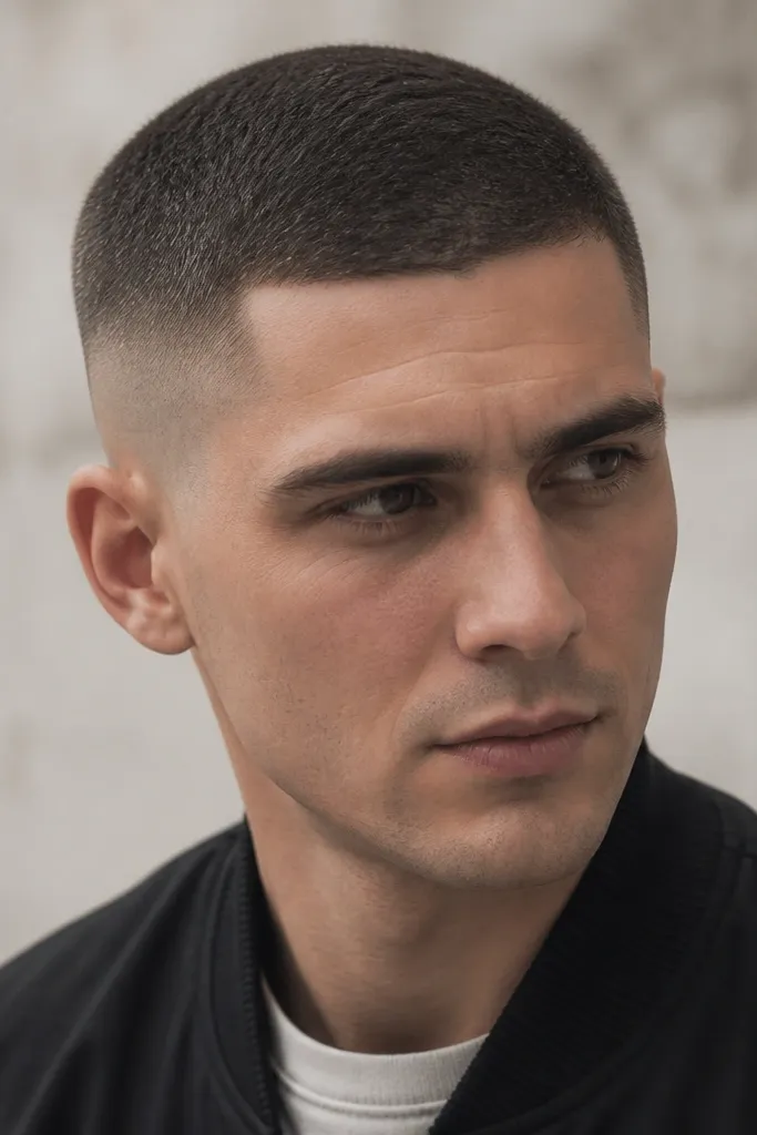 A 1.5 guard top with a subtle directional sweep that suggests a side part, while the sides fade down to around 0.5 at the edges. The top still looks buzzed, not grown out, with a neat directional line.