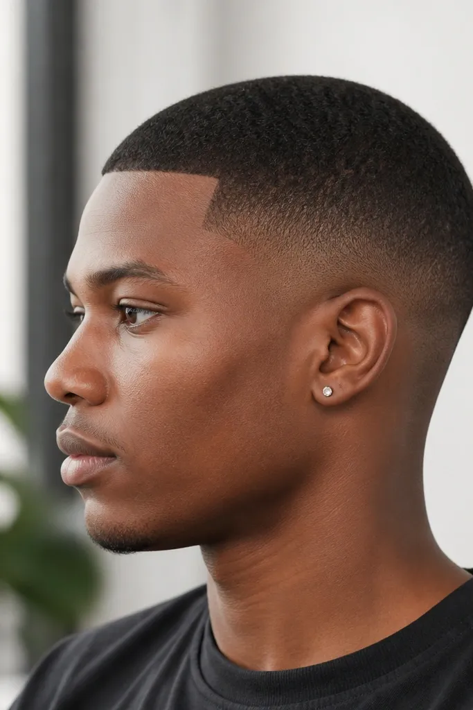 A 2 guard buzz across the top and sides, with edges left natural and softly cleaned. The hairline looks respected, with minimal outlining and a clean but gentle finish around the forehead and ears.