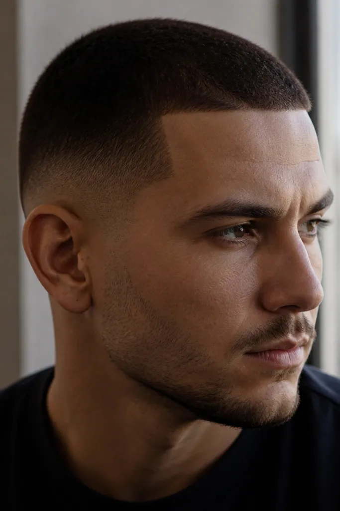 Man with a close 1-guard buzz across the top, a low fade that disappears right above the ear, and crisp temple lines; hair is dark brown with a matte finish.