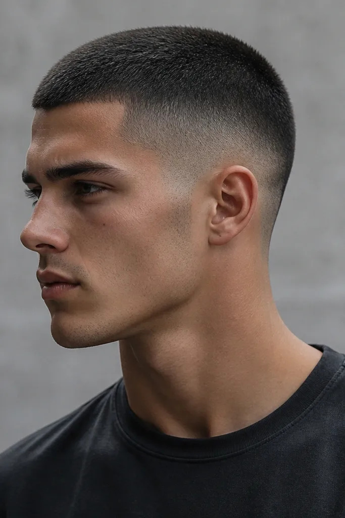 Very short 0.5 guard buzz on top, a mid fade that blends smoothly into skin, and a clean neckline; the look is charcoal black with no shine.