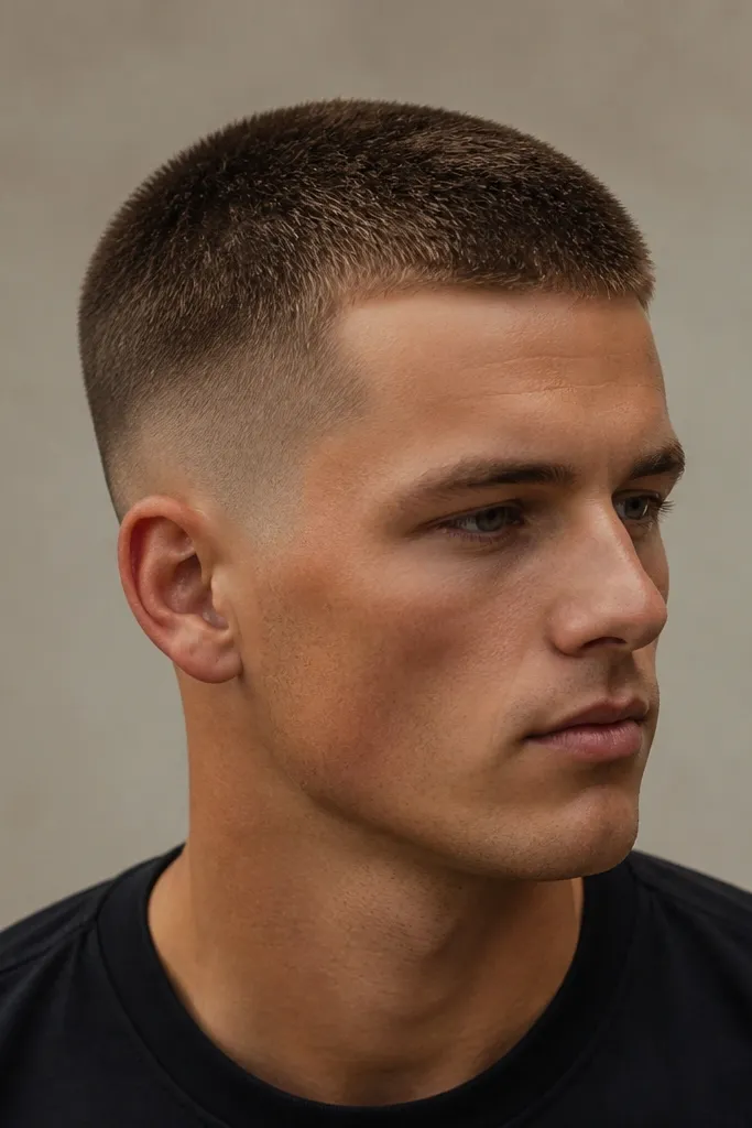 Buzz cut around 2 guards, temple fade that tightens near the temples, and sharp but softened line-up at the forehead and neckline; hair is medium brown, slightly textured.