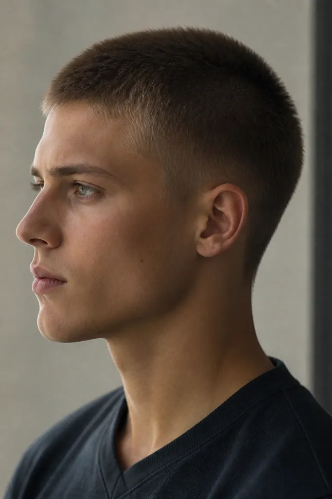 Top buzzed at about 3 guards, sides tapered gradually without skin exposure, and a soft natural neckline; light brown hair with a dry matte look.