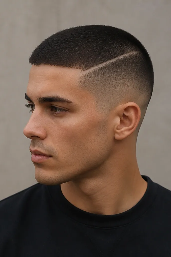 Buzzed 0.75 guard top, a thin hard part line running from temple toward the crown, and a sharp low fade on the sides; dark hair with a matte finish.