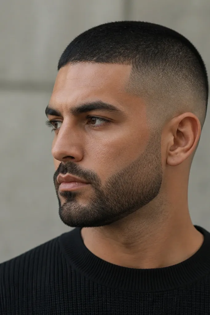 Buzz cut with a skin fade on both sides, a sharp neckline that visually connects to a short beard line; hair is very dark and matte.