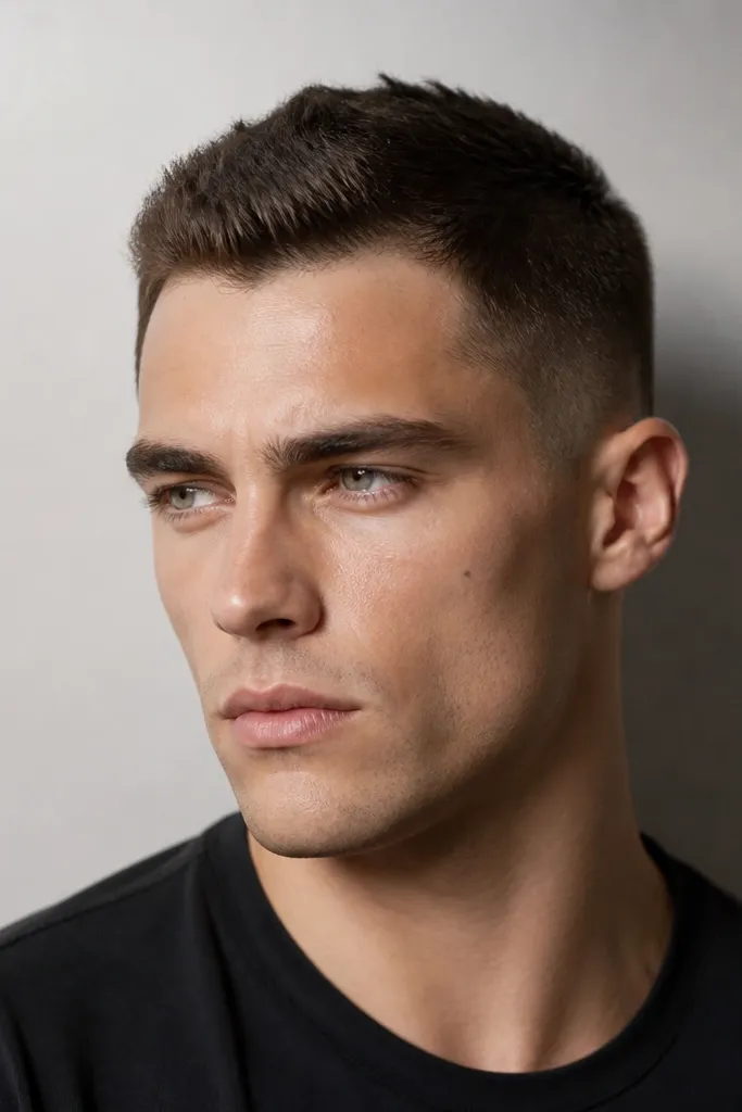 Buzzed sides with a short length on top, and slightly longer crown area that lifts with product; hair is dark brown with subtle direction.