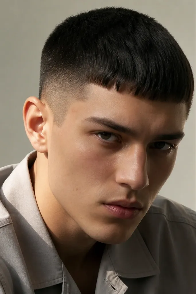 Short buzz cut with sides very close and a slightly longer, straight fringe across the front kept at about 1.5 to 2 inches; hair is dark and matte.