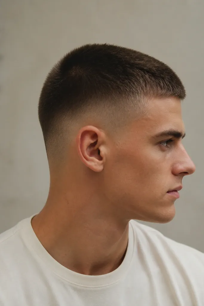 Low fade buzz cut with no razor-hard lines, natural neckline, and a clean but gentle blend around temples; hair is medium brown and matte.