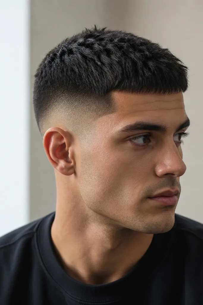 Mid fade into a short taper, top buzzed at about 1 guard with visible texture from matte clay; dark hair with low shine.