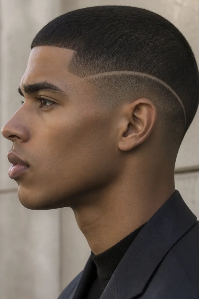 Close buzz with a distinct razor line curving around the ear area, sides otherwise tapered; hair is dark with a clean, matte finish.