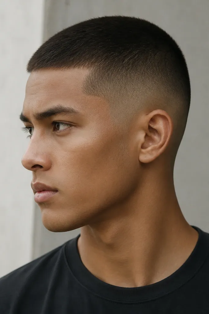 Top buzz at about 1.25 guards, high fade reaching skin quickly above the ears, and a clean neckline; hair is dark and matte.
