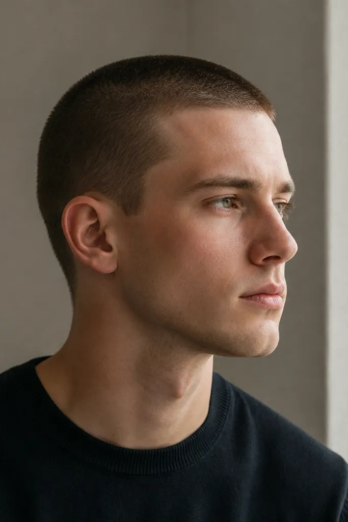 Buzz cut at about 2 guards, neckline shaped in a gentle curve following the jaw, sides tapered low; hair is medium brown and matte.