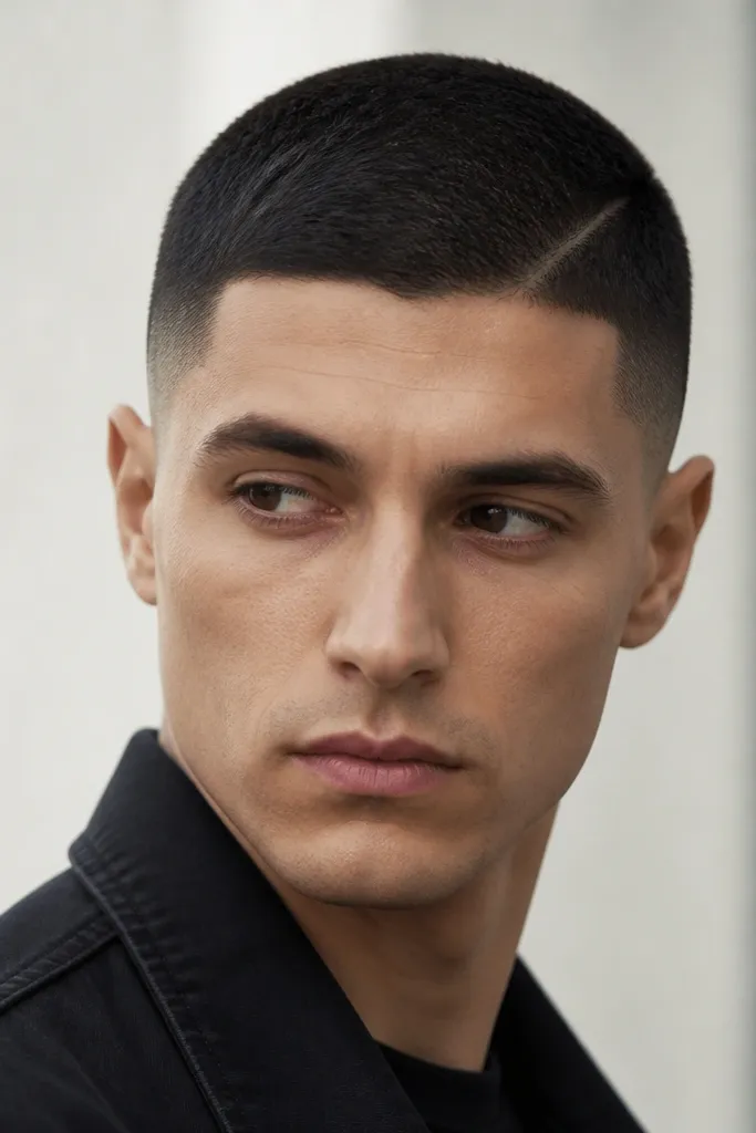 Short buzz cut with a subtle side part indicated by direction and a lightly defined fade line, not a deep razor groove; hair is dark with matte texture.