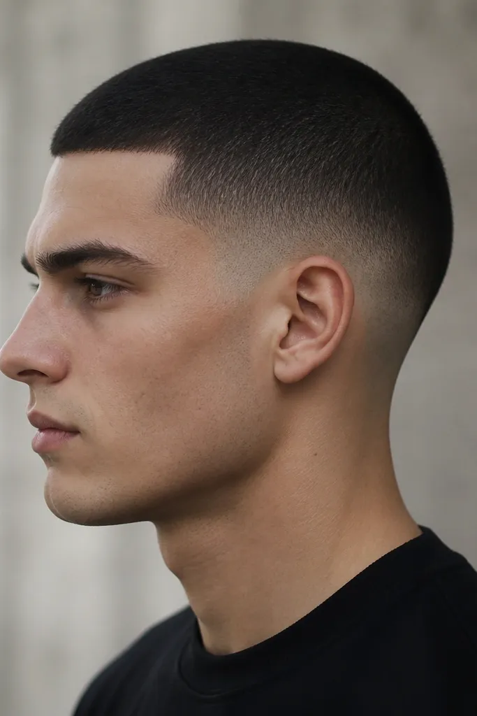 1-guard buzz with very clean edges, smooth skin fade at the bottom only, and a soft matte finish; hair is dark and evenly colored.