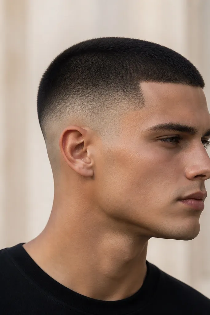 Buzzed top at 1 to 1.25 guards with a strong high fade contrast, almost skin by the midline, and crisp temple work; hair is dark and matte.