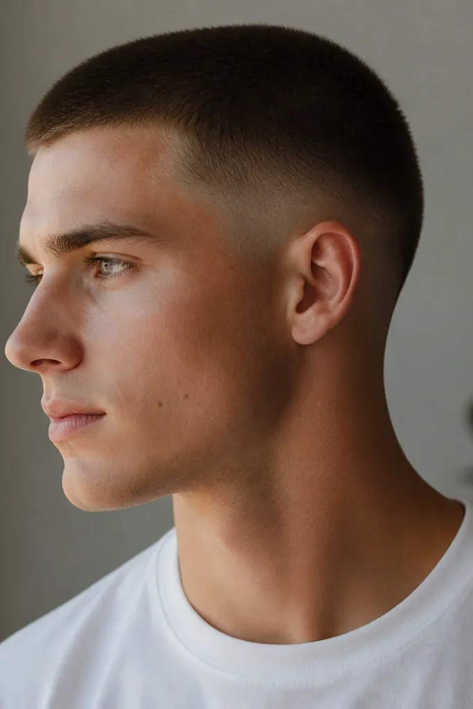 Top buzzed at about 2.5 guards, sides mid faded but stopping above skin, with a smooth blend and natural edges; hair is medium brown.