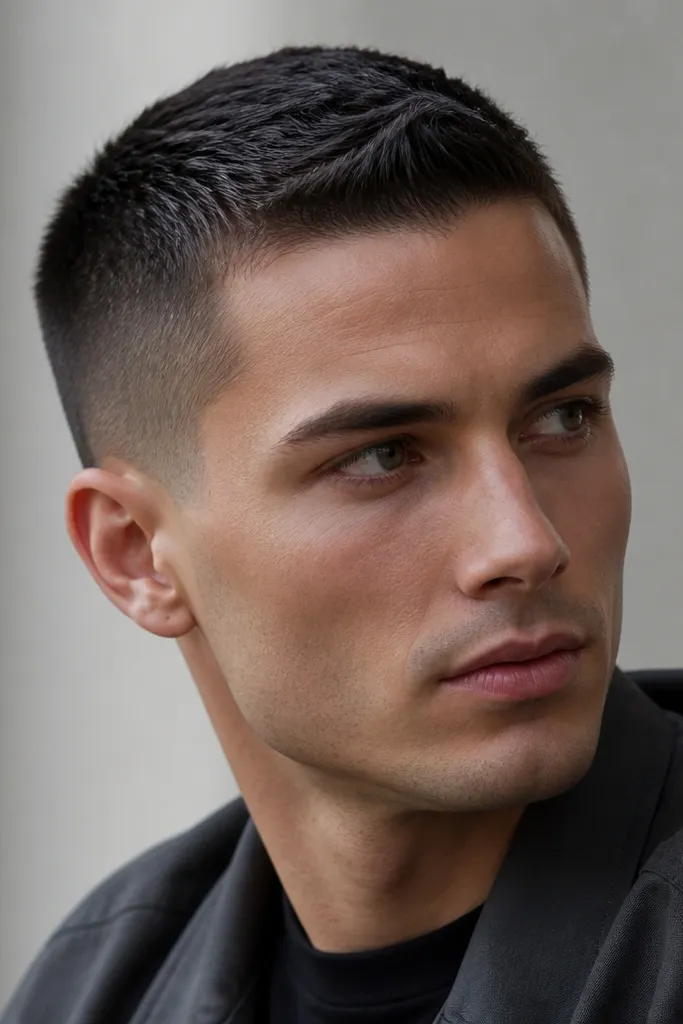 Short buzz with a controlled forward-and-up direction on the top, subtle sheen from light pomade, and a low taper on the sides; hair is dark with a slight shine.