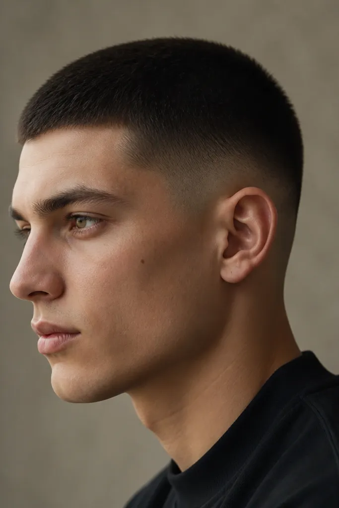 Top buzzed at 1.5 guards, sides mostly uniform, with a tighter fade only around the ear curve; hair is dark and matte.