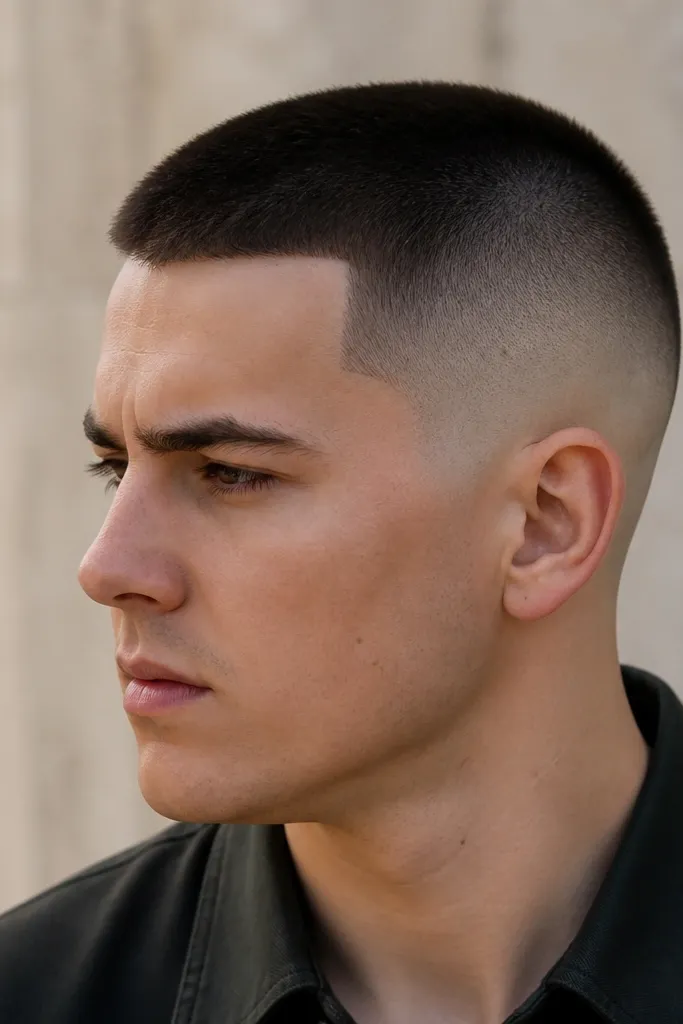 Man with dark hair wearing a buzz cut; sides are shaved to skin with a smooth gradient into a #1 length top, and the hairline and temple edges are sharply lined with a crisp, razor-clean finish.