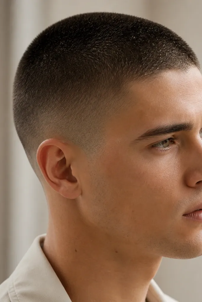 Buzz cut with a low fade starting just above the ear; the sides fade into a slightly longer #2 top. The overall look is smooth and subtle with no harsh line at the temple.