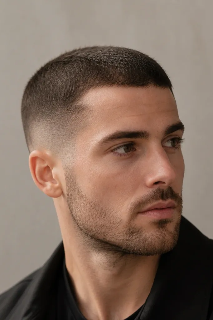 Mid-level fade on the sides blending from short stubble into a slightly longer buzz; top is #1.5 with visible matte texture and a natural, unshaved hairline.