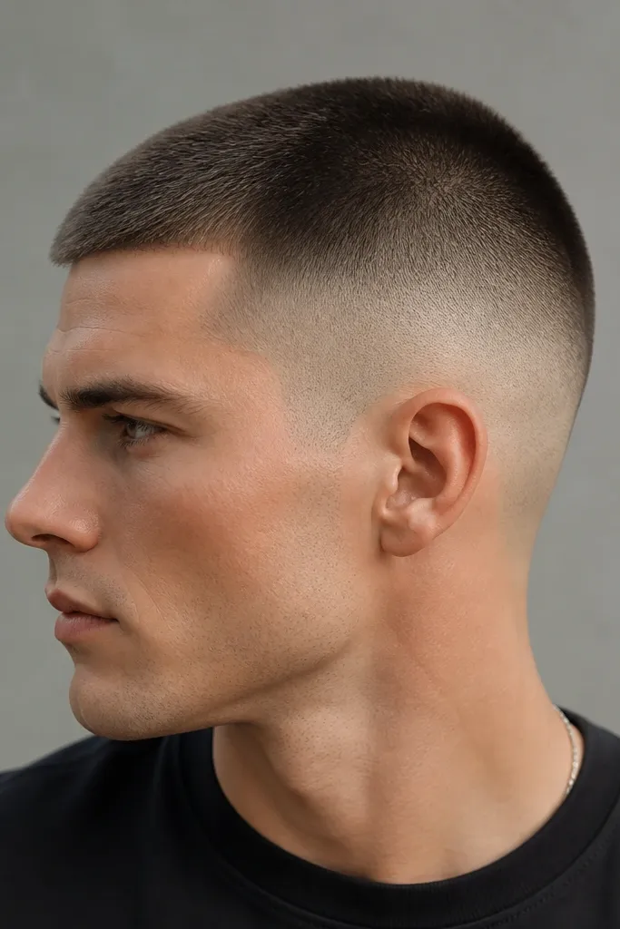 High fade that climbs above the ear with a tight blend into a very short #1 buzz; the temple area is tapered smoothly without a heavy line.