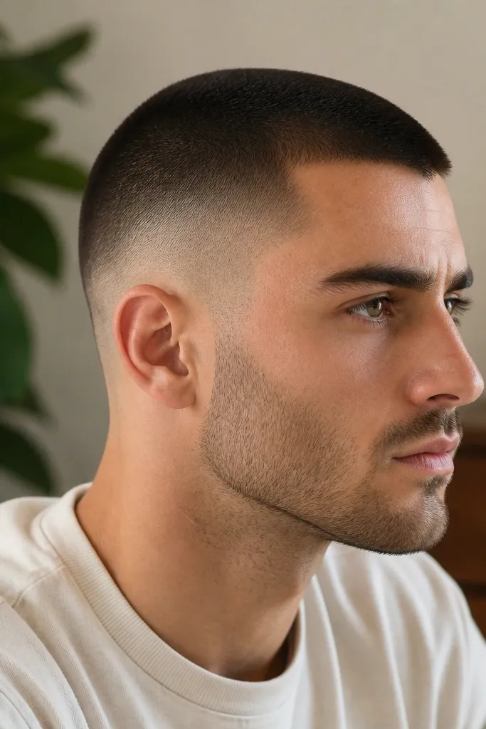 Sides fade down to #0.5 with a smooth transition into a #2 buzz on top; crown shape looks slightly rounded with no sharp corners.
