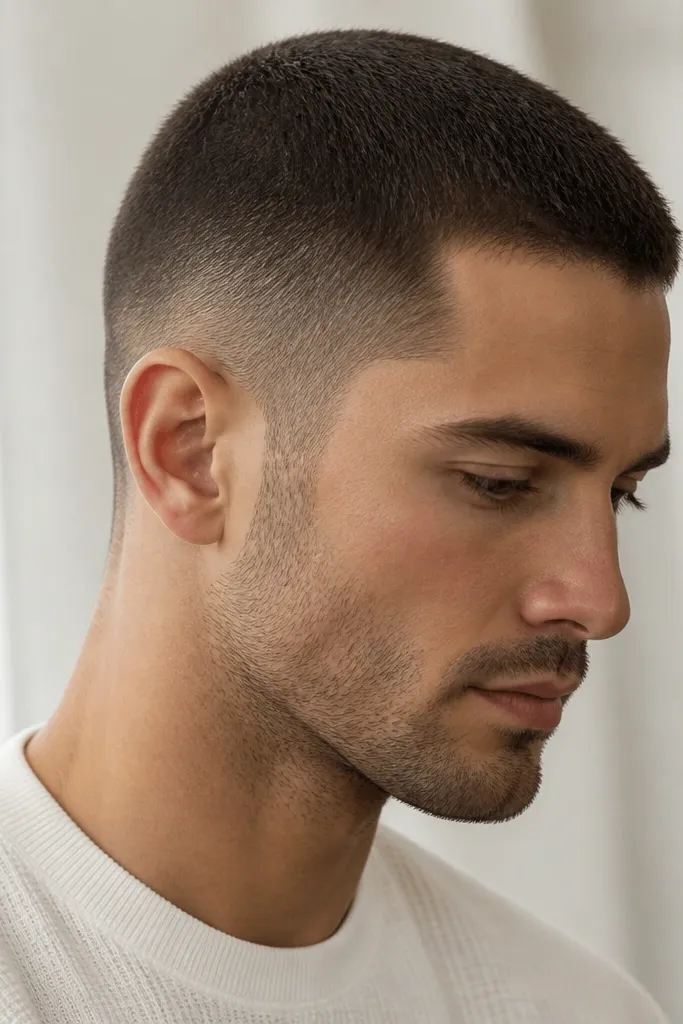 Very short sides that stop at #0 and blend into #1 near the top; the scalp is visible less, and the overall finish looks even and calm.