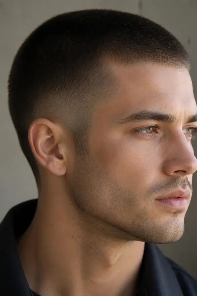 Low fade sides with the sideburns kept natural and tapered; top is a short buzz with a soft, blended transition and no hard edging.