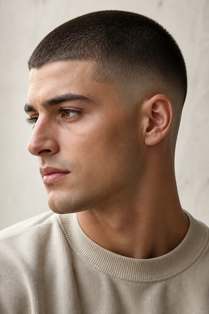 Mid fade sides with a #1 buzz top; edges are cleaned but there is no visible hard line at the temples or neckline.