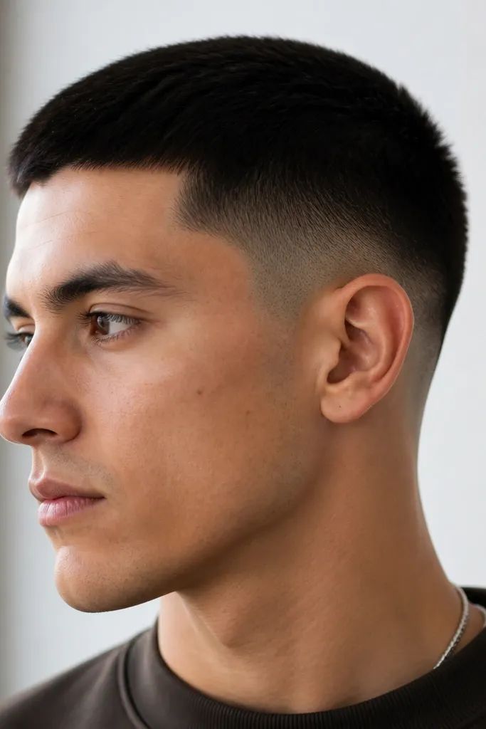 Top is very short at #0.5; skin fade appears only around the ear area, while the rest of the fade stays slightly covered for a softer gradient.