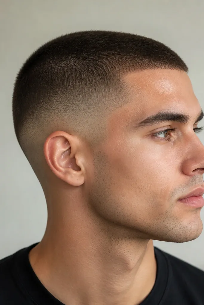 A modern buzz where the sides show a subtle step from #1 to #2 before blending upward, creating a clean two-tone effect without lines.