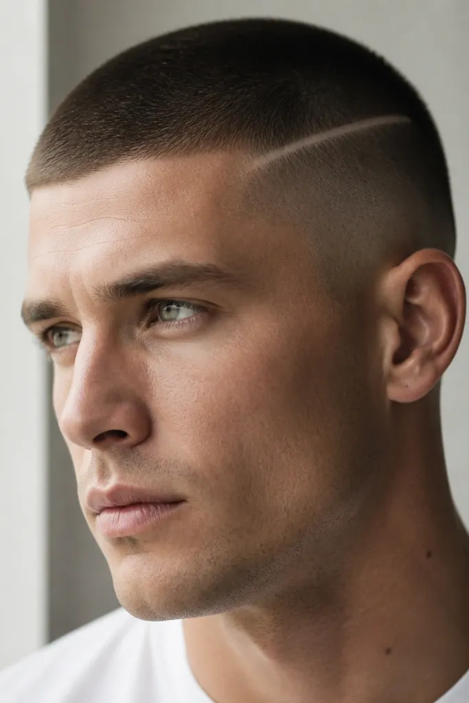 Buzz cut with a very short top; sides have a soft fade and there is a thin razor part line on one side near the temple.