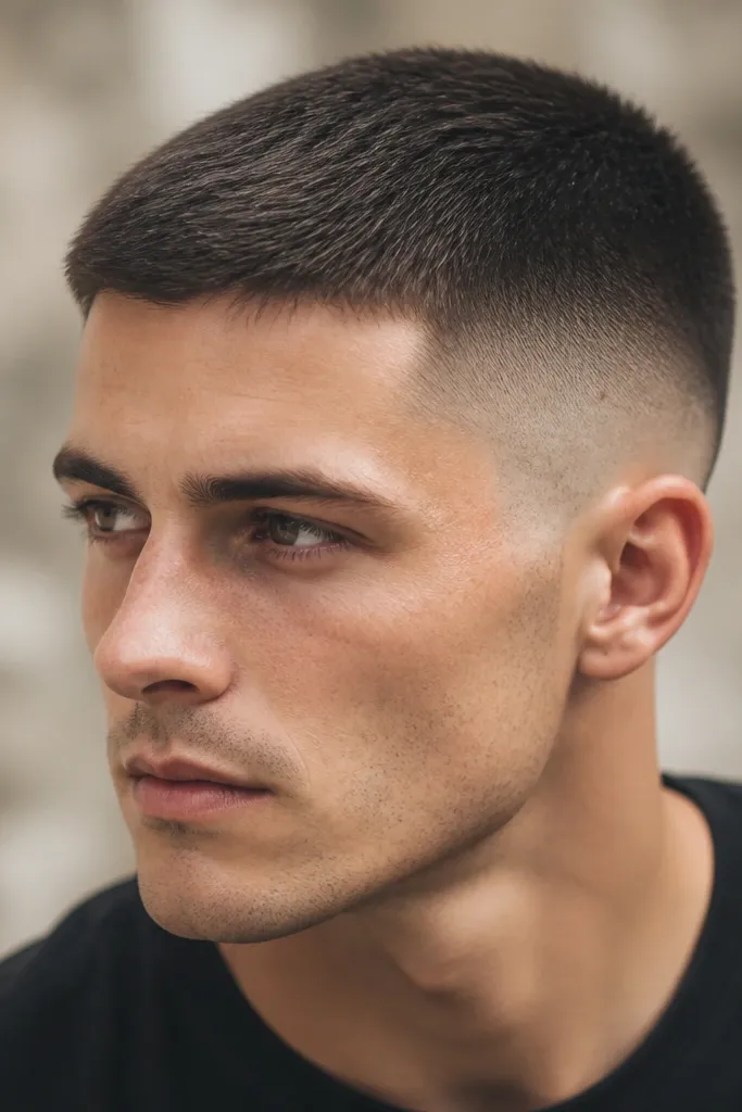 Buzz cut with a mid fade; top looks matte and gently pressed forward with a natural, textured surface. Sides blend smoothly without hard edges.