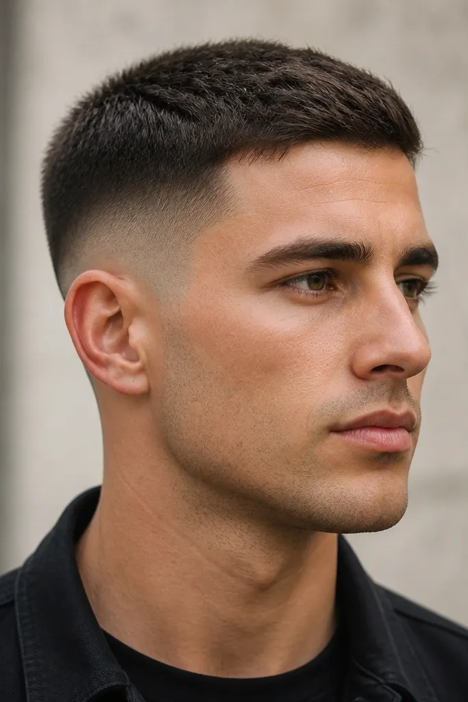 Low fade sides with a very short top that has a slightly longer crown section, creating a subtle height difference. The haircut looks clean and modern.