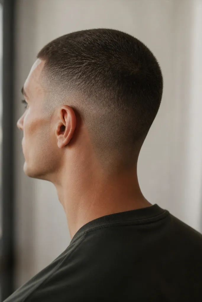 Buzz cut with a fade and a curved neckline that follows the natural neck line. The edges are softened with trimmer work rather than a hard line.
