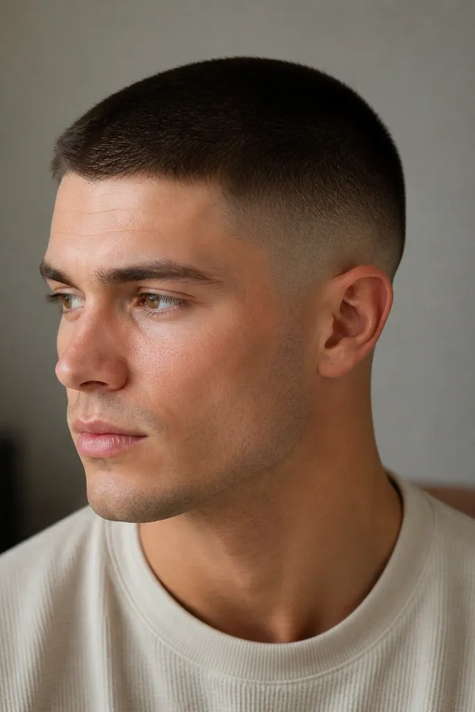 Sides fade is smooth into the temple area; the temple blend looks clean and rounded. The top is a short buzz that matches the minimalist aesthetic.