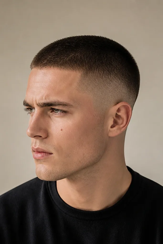 Short buzz top with a gentle taper around both ears; the sides fade smoothly but stay slightly longer near the ear curve, giving a soft finish.