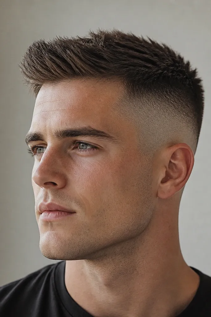 High fade sides and a #2 top with visible dry texture; the top looks slightly lifted at the front while the sides stay very short.