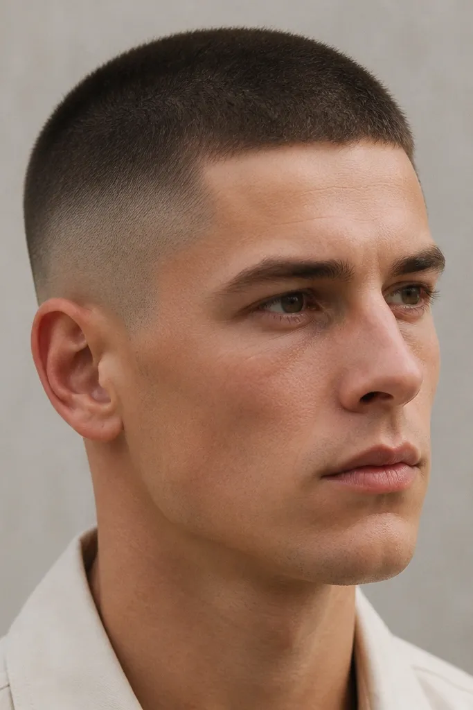 Even, straight-ahead buzz cut with a fade on the sides and no visible part; the top is uniform and the blend is clean from front to back.