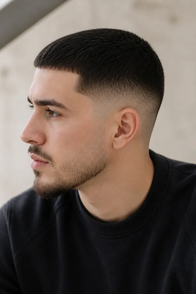 Low fade with a #2 top; there's a faint side-line detail that blends into the fade so it's barely visible unless you look closely.
