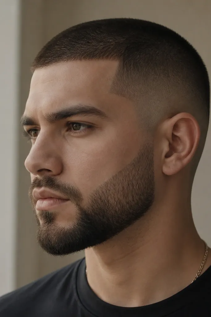 Mid fade haircut with a buzz top; the fade aligns visually with the beard line, creating a connected frame around the jaw and sideburn area.