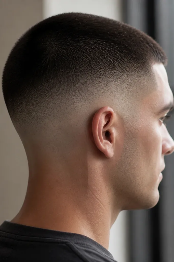 A man with a uniform buzz cut on top (#1 length), sides faded to visible skin in the middle range, and a clean, sharp line around the ear. The neckline is squared off with a thin trimmer line, and the fade transitions smoothly without any visible guard steps.