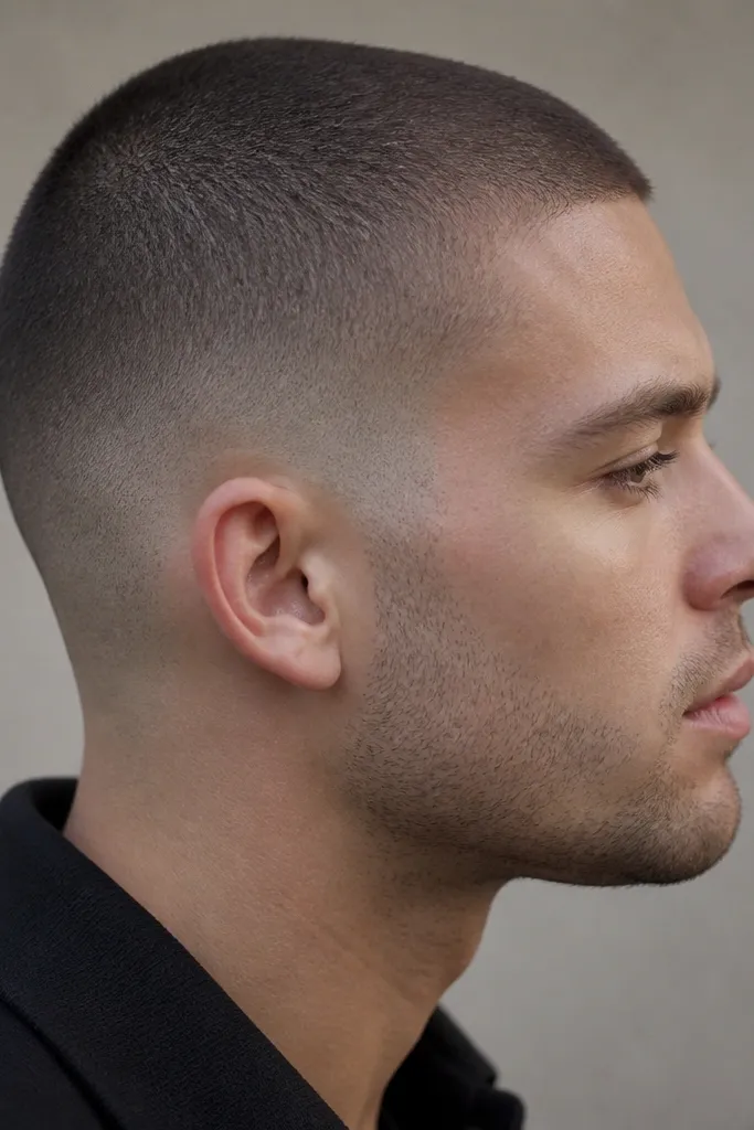 A close buzz cut (#0.5) with sides that fade to skin starting just above the ear. The fade is low and quiet, with a soft gradient and a natural neckline that follows the head shape.